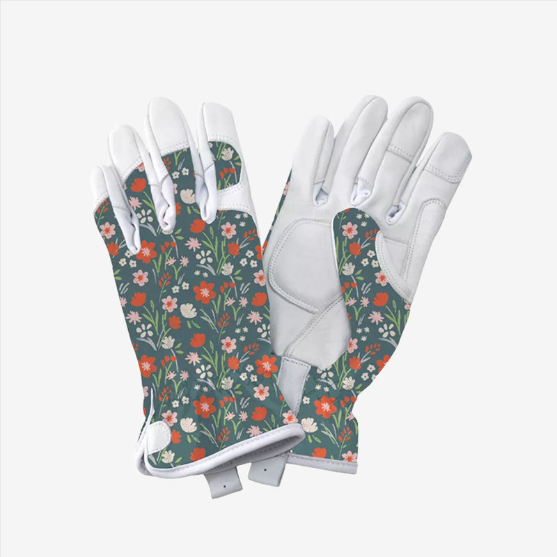 Kent & Stowe Teal Meadow Flowers Leather Gloves - Ladies Small