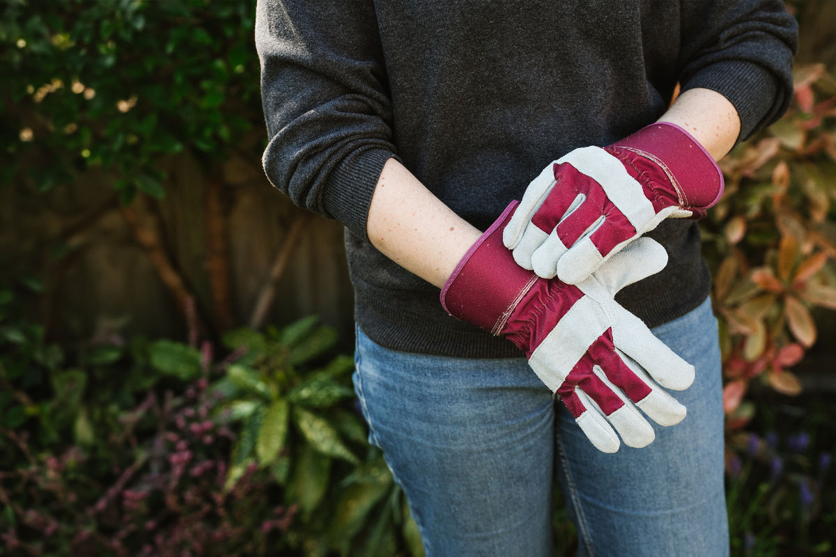 A person wearing a dark gray sweater and blue jeans is shown from the chest down, holding a pair of kent and stowe plum rigger gardening gloves. The gloves are burgundy and white with a leather-like finish.