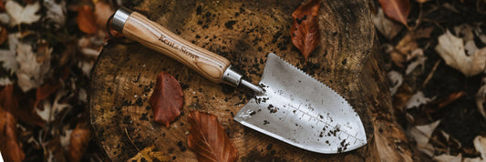 kent and stowe capability trowel on tree stump with leaves