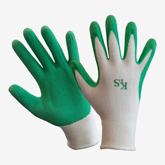 Pair of green and white gloves with a logo on a white background