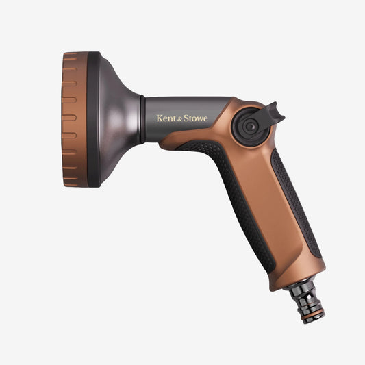 Brown garden hose nozzle with 'Kent & Stowe' branding on a white background