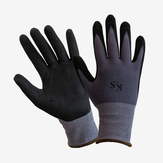 Pair of black and gray gloves with a brand logo on a white background