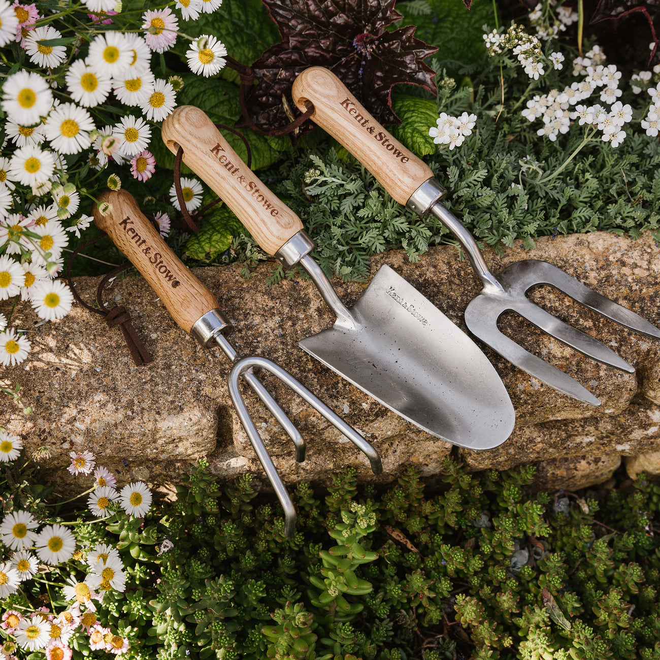 Kent & Stowe Garden Life Stainless Steel Hand Trowel fork and cultivator on wall