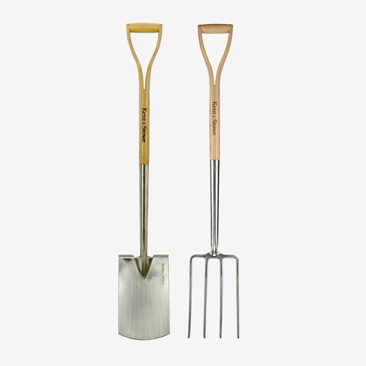 kent and stowe Garden spade and fork with wooden handles on a white background