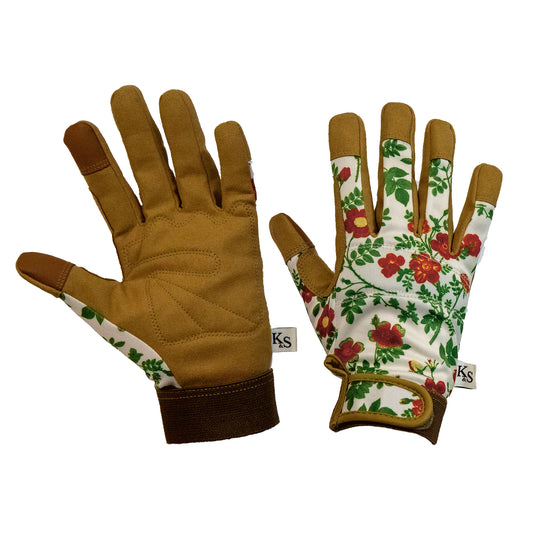 Pair of kent and stowe premium comfort gardening gloves, brown palm and one with cottage garden floral pattern, on a white background.