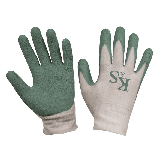 Pair of kent and stowe pistachio and white gloves on a white background