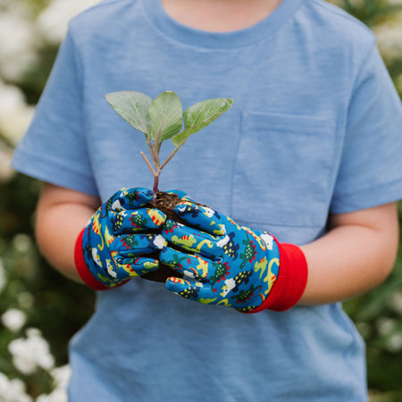 matching adult and child gardening gloves Kent & Stowe Blue Dinosaur Kids Gardening Gloves