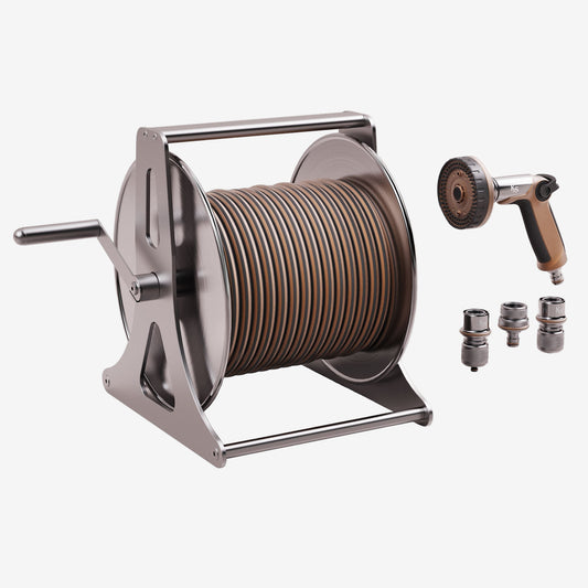 kent and stowe Metal hose reel with coiled hose and multiple nozzles on a white background