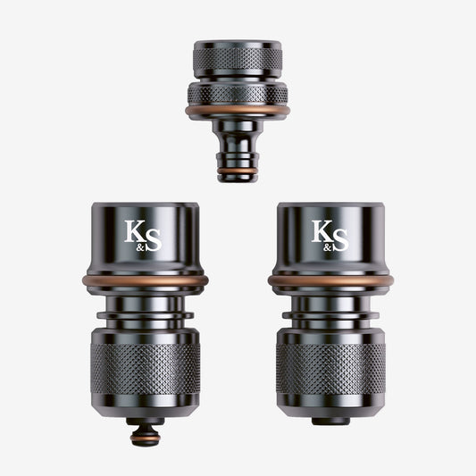 Three metallic connectors with 'K&S' branding on a white background
