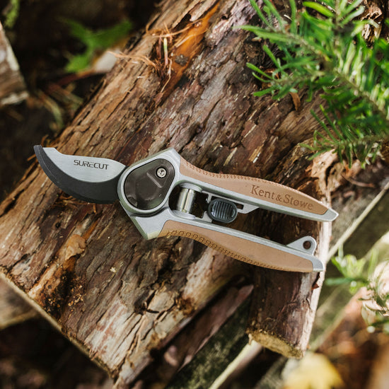 Kent & Stowe Garden Life All Purpose Mini Secateurs laying on log