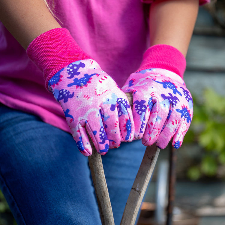 dinosaur gardening gloves Kent & Stowe Pink Dinosaur Kids Gardening Gloves