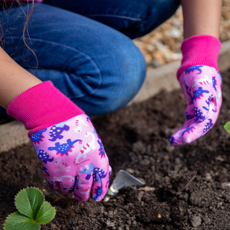 childrens gardening gloves age 3 Kent & Stowe Pink Dinosaur Kids Gardening Gloves