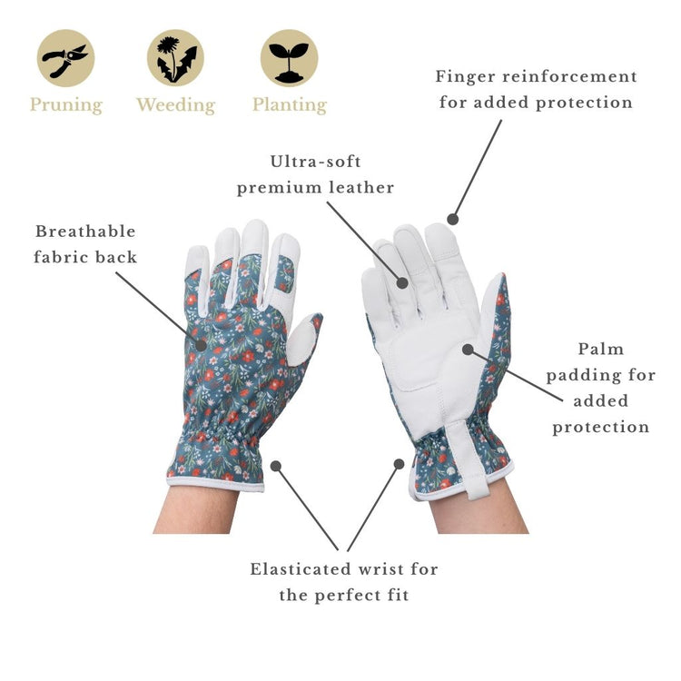 ladies soft leather gardening gloves Kent & Stowe Teal Meadow Flowers Leather Gloves Ladies Small
