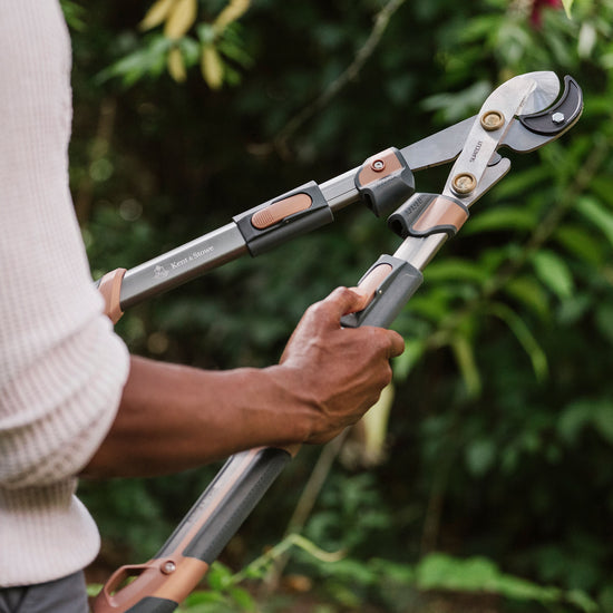 Kent & Stowe SureCut Extra Power Hard Wood Loppers man holding and adjusting handles